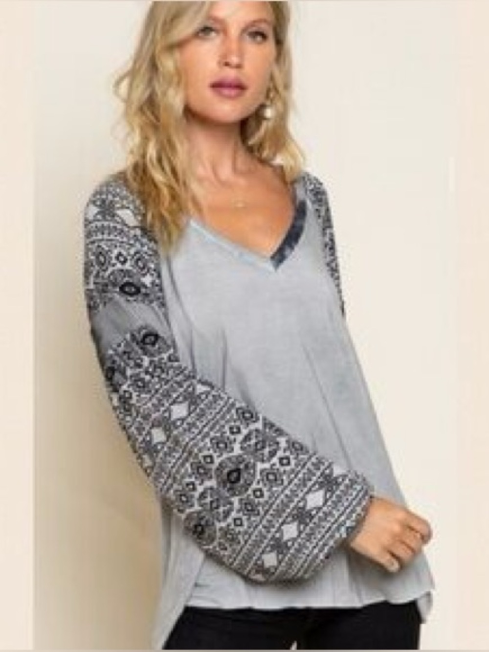 POL cream balloon sleeve boho western style top